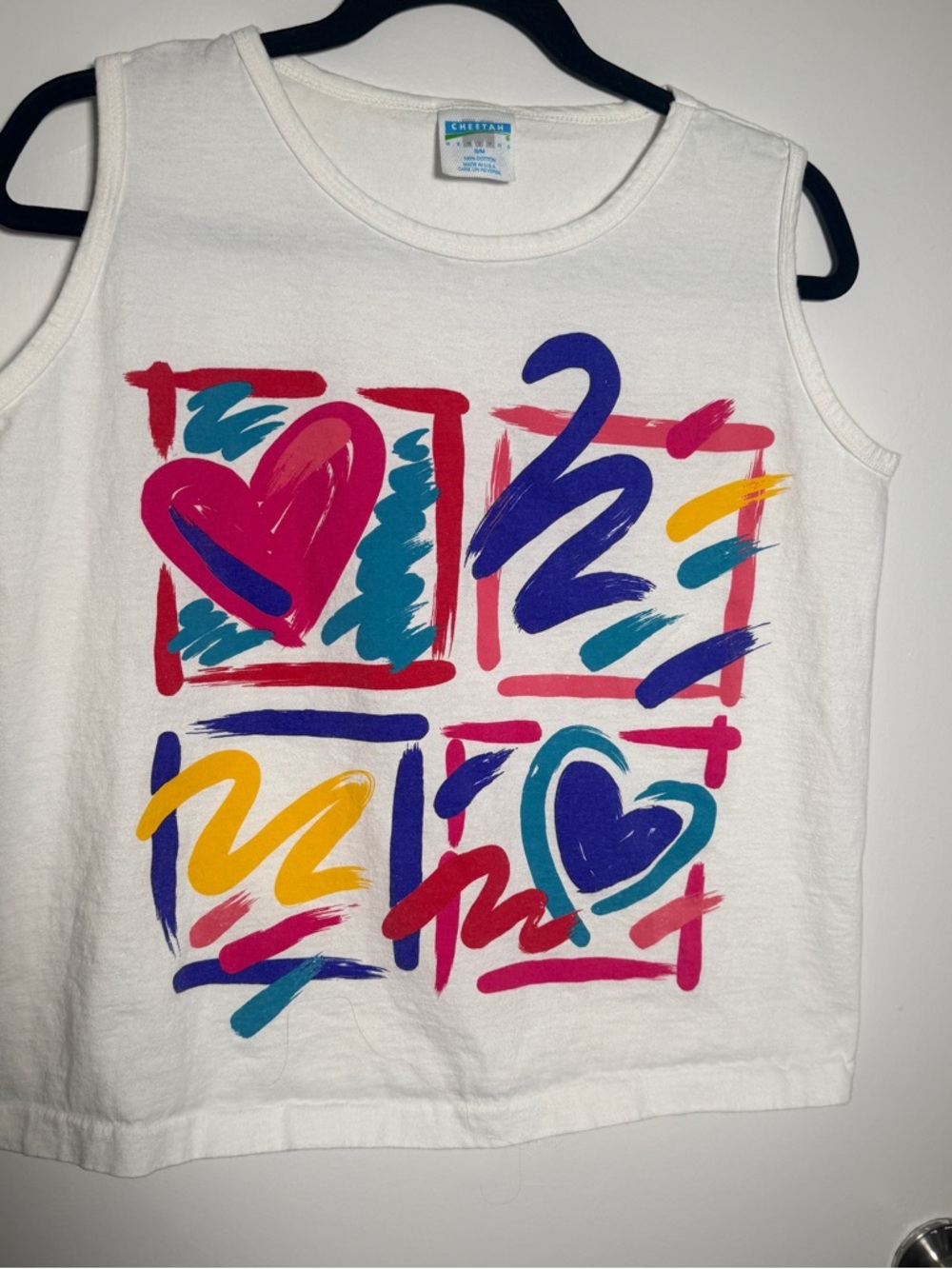 VTG Cheetah by Mervyns White Tank Top with Colorful Heart Graphic S/M